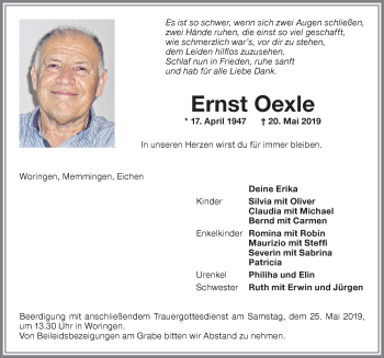 Traueranzeige von Ernst Oexle von Memminger Zeitung