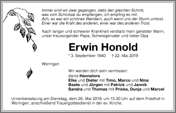 Traueranzeige von Erwin Honold von Memminger Zeitung