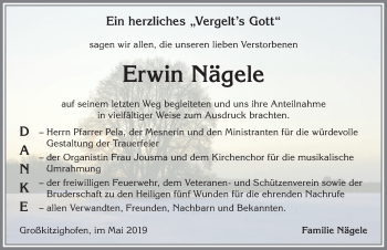 Traueranzeige von Erwin Nägele von Allgäuer Zeitung, Kaufbeuren/Buchloe