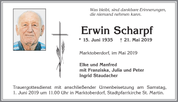 Traueranzeige von Erwin Scharpf von Allgäuer Zeitung, Marktoberdorf
