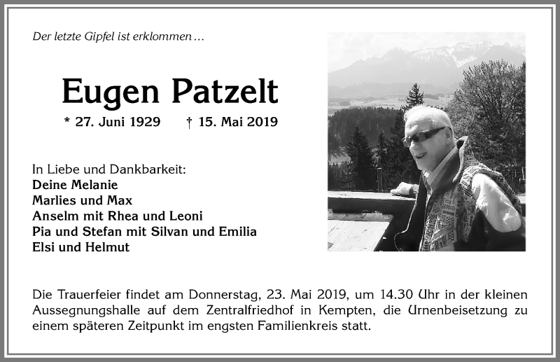  Traueranzeige für Eugen Patzelt vom 21.05.2019 aus Allgäuer Zeitung,Kempten
