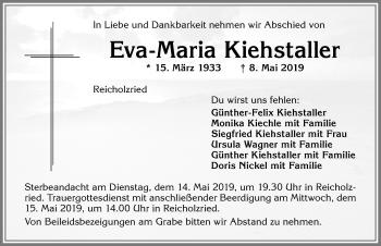 Traueranzeige von Eva-Maria Kiehstaller von Allgäuer Zeitung,Kempten