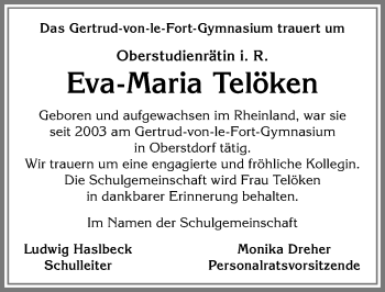 Traueranzeige von Eva-Maria Telöken von Allgäuer Anzeigeblatt