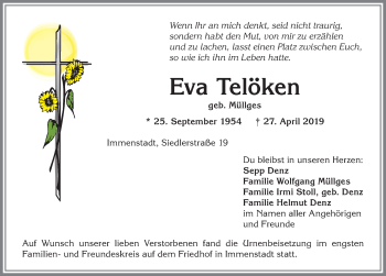 Traueranzeige von Eva Telöken von Allgäuer Anzeigeblatt