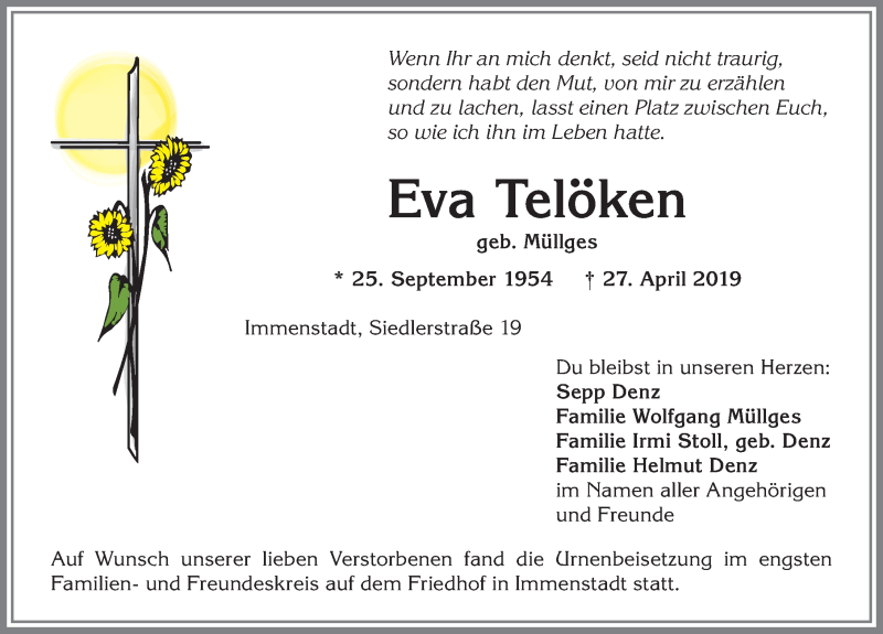 Traueranzeige für Eva Telöken vom 17.05.2019 aus Allgäuer Anzeigeblatt