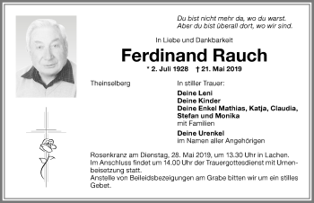 Traueranzeige von Ferdinand Rauch von Memminger Zeitung