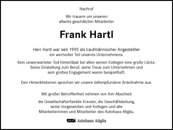 Traueranzeige von Frank Hartl von Allgäuer Zeitung, Kaufbeuren/Buchloe