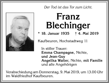 Traueranzeige von Franz Blechinger von Allgäuer Zeitung, Kaufbeuren/Buchloe
