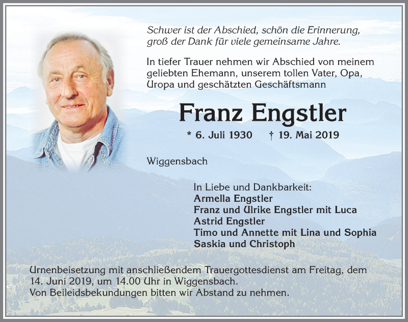  Traueranzeige für Franz Engstler vom 25.05.2019 aus Allgäuer Zeitung,Kempten