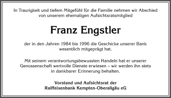 Traueranzeige von Franz Engstler von Allgäuer Zeitung,Kempten
