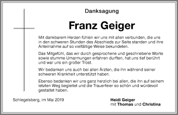Traueranzeige von Franz Geiger von Memminger Zeitung