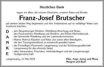 Traueranzeige von Franz-Josef Brutscher von Allgäuer Anzeigeblatt