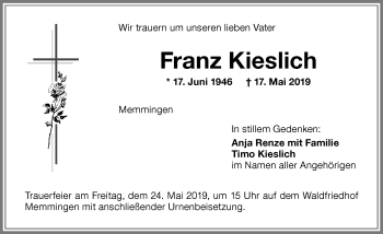 Traueranzeige von Franz Kieslich von Memminger Zeitung