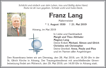 Traueranzeige von Franz Lang von Allgäuer Zeitung, Marktoberdorf