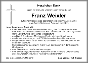 Traueranzeige von Franz Weixler von Memminger Zeitung