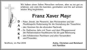 Traueranzeige von Franz Xaver Mayr von Allgäuer Zeitung, Marktoberdorf