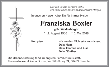 Traueranzeige von Franziska Boxler von Allgäuer Zeitung,Kempten