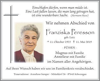 Traueranzeige von Franziska Peresson von Allgäuer Zeitung, Füssen