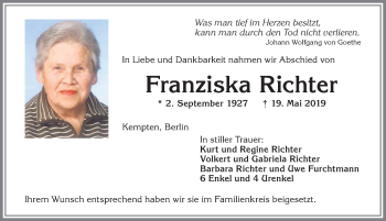 Traueranzeige von Franziska Richter von Allgäuer Zeitung,Kempten