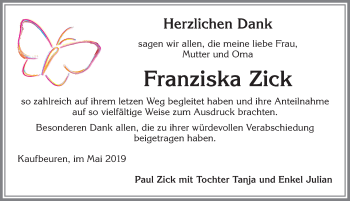 Traueranzeige von Franziska Zick von Allgäuer Zeitung, Kaufbeuren/Buchloe
