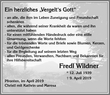 Traueranzeige von Fredl Wildner von Allgäuer Zeitung, Füssen