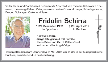 Traueranzeige von Fridolin Schirra von Allgäuer Zeitung, Kaufbeuren/Buchloe