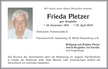 Traueranzeige von Frieda Pletzer von Allgäuer Anzeigeblatt