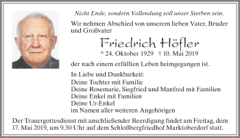 Traueranzeige von Friedrich Höfler von Allgäuer Zeitung, Marktoberdorf