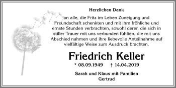 Traueranzeige von Friedrich Keller von Allgäuer Anzeigeblatt