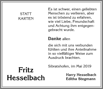 Traueranzeige von Fritz Hesselbach von Allgäuer Zeitung,Kempten