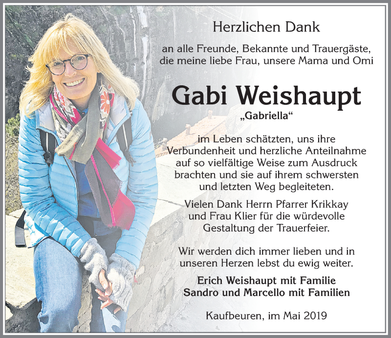  Traueranzeige für Gabi Weishaupt vom 25.05.2019 aus Allgäuer Zeitung, Kaufbeuren/Buchloe
