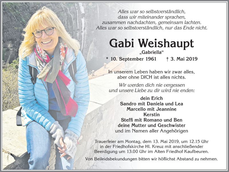  Traueranzeige für Gabi Weishaupt vom 11.05.2019 aus Allgäuer Zeitung, Kaufbeuren/Buchloe
