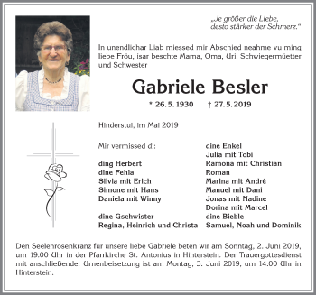 Traueranzeige von Gabriele Besler von Allgäuer Anzeigeblatt