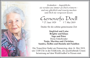 Traueranzeige von Genovefa Dodl von Allgäuer Zeitung, Füssen