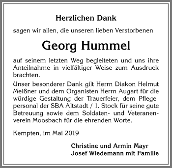 Traueranzeige von Georg Hummel von Allgäuer Zeitung,Kempten