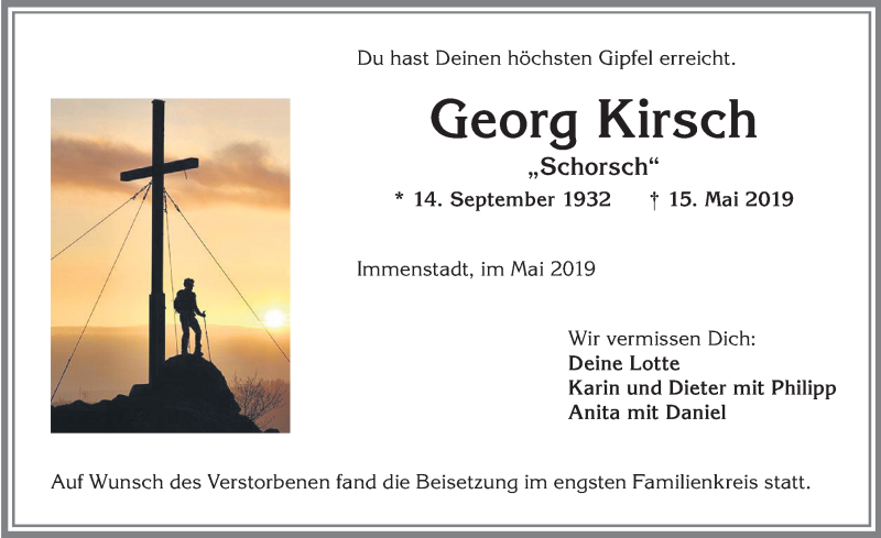  Traueranzeige für Georg Kirsch vom 21.05.2019 aus Allgäuer Anzeigeblatt