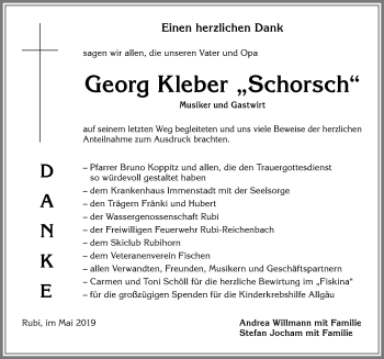 Traueranzeige von Georg Kleber von Allgäuer Anzeigeblatt