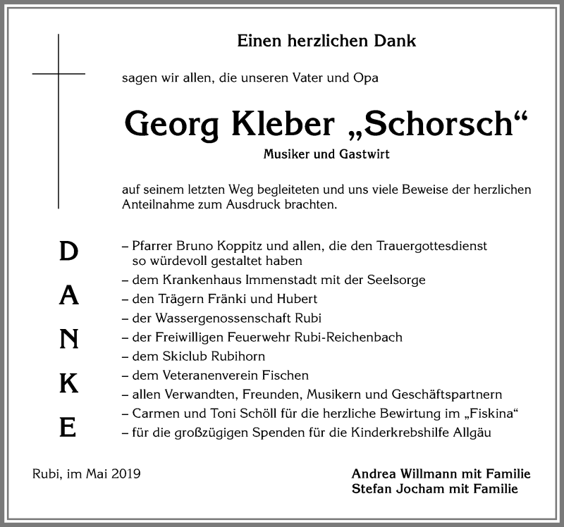  Traueranzeige für Georg Kleber vom 16.05.2019 aus Allgäuer Anzeigeblatt