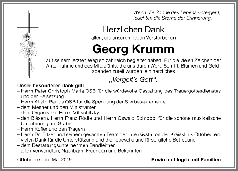  Traueranzeige für Georg Krumm vom 29.05.2019 aus Memminger Zeitung