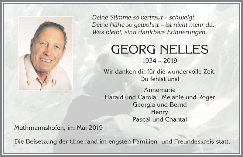  Traueranzeige für Georg Nelles vom 31.05.2019 aus Allgäuer Zeitung,Kempten