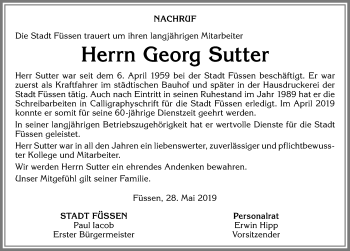 Traueranzeige von Georg Sutter von Allgäuer Zeitung, Füssen