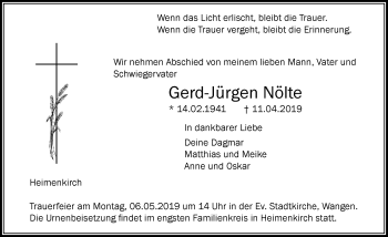 Traueranzeige von Gerd-Jürgen Nölte von Der Westallgäuer