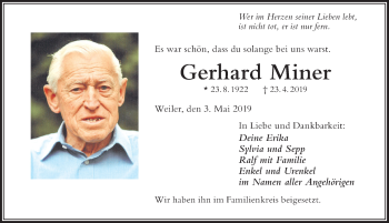 Traueranzeige von Gerhard Miner von Der Westallgäuer