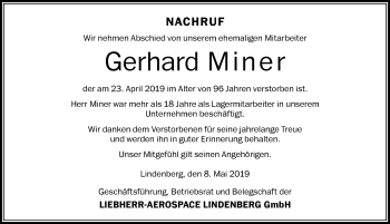 Traueranzeige von Gerhard Miner von Der Westallgäuer