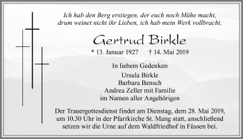 Traueranzeige von Gertrud Birkle von Allgäuer Zeitung, Füssen