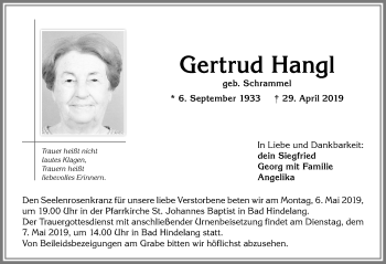 Traueranzeige von Gertrud Hangl von Allgäuer Anzeigeblatt