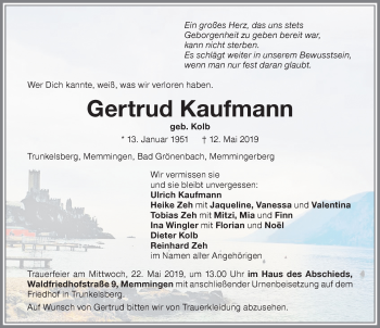 Traueranzeige von Gertrud Kaufmann von Memminger Zeitung