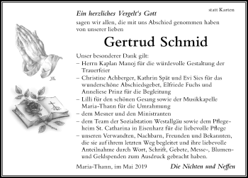 Traueranzeige von Gertrud Schmid von Der Westallgäuer