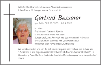 Traueranzeige von Ggertrud Besserer von Der Westallgäuer