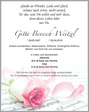 Traueranzeige von Gitta Benesch-Weitzel von Allgäuer Zeitung, Kaufbeuren/Buchloe